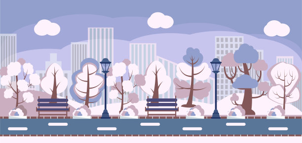 冬季公园全景背景插图。雪城、公园、广场、小区图片下载