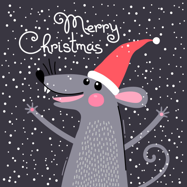 可爱的灰色老鼠在圣诞老人的帽子祝圣诞快乐。印有2020标志的明信片。矢量图图片下载