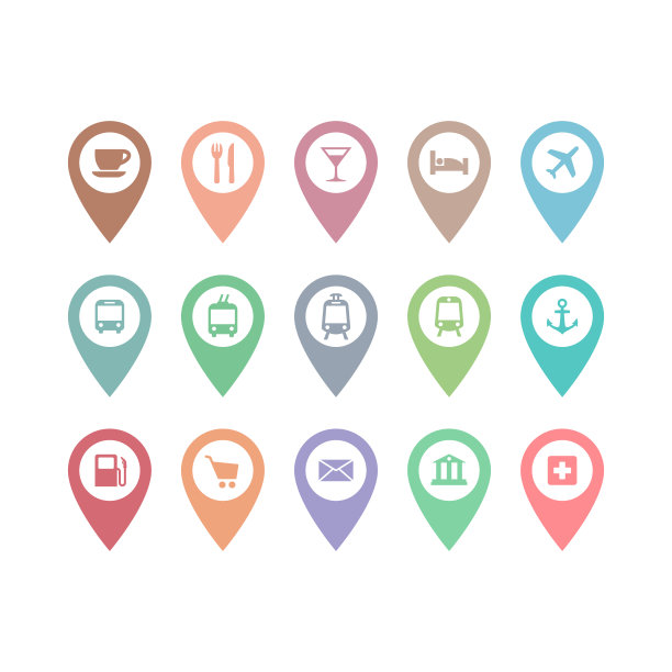 定位针指针向量设置咖啡馆，餐厅，酒店，公共汽车标志。图片下载