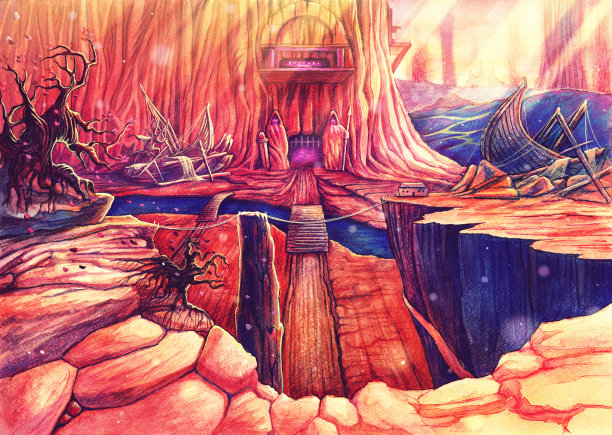 绘画艺术美丽的森林景观，水彩幻想可彩绘阳光，岩石，石头，树木，手绘绘画背景图片下载