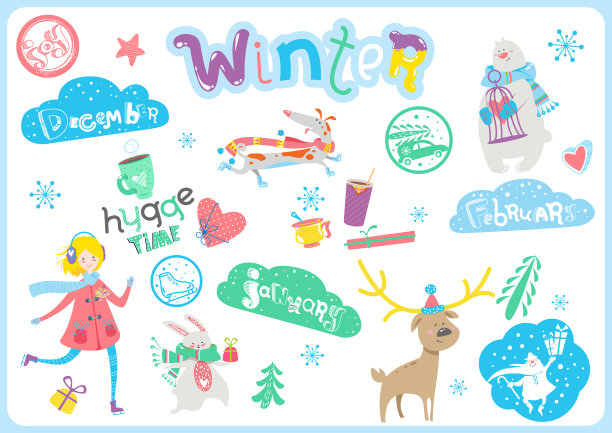 可爱的冬季卡通人物和元素设置图片下载