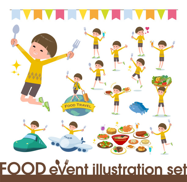 扁平型黄色衣服波波头男孩食品节图片下载