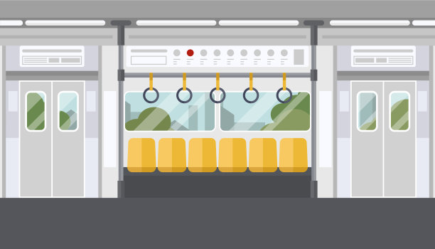 里面没有人。空的有轨电车。电动火车的内部与城市景观。素材图片