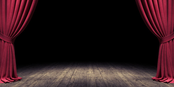 木质舞台与开放的红色天鹅绒窗帘3d渲染图片下载