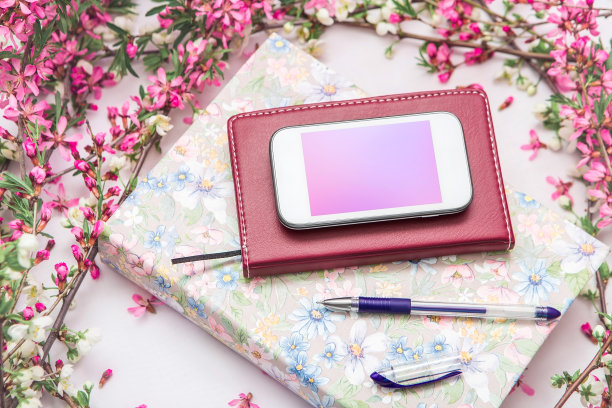 办公室配件与一朵美丽的花枝在白色的背景。电话，笔记本，一支笔和一本书。图片下载