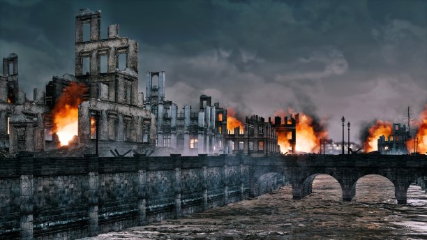 战后被毁的河上古老的欧洲城市图片下载