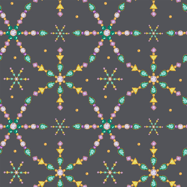 无缝图案水彩圣诞水晶雪花。色彩艳丽艳丽的首饰、胸针、颈饰。时尚璀璨，贴花水钻。新年织物质地图片下载