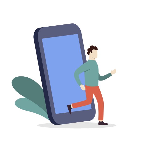 白色背景下，一名男子从巨大的智能手机中走出来图片下载