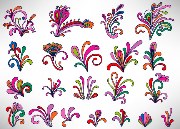 彩色涂鸦花卉元素：花朵、卷须、树枝和树叶矢量素材图片下载
