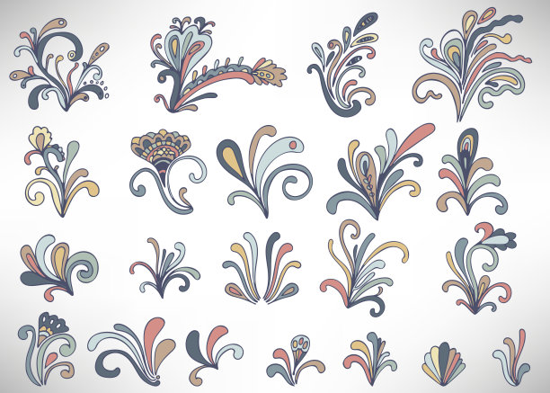 彩色涂鸦花卉元素：花朵、卷须、树枝和树叶矢量素材图片下载