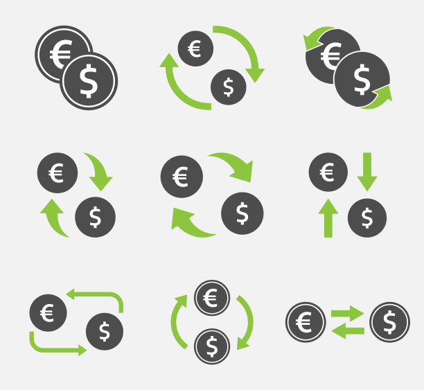 兑换美元和欧元的图标设置，货币转移标志图片下载