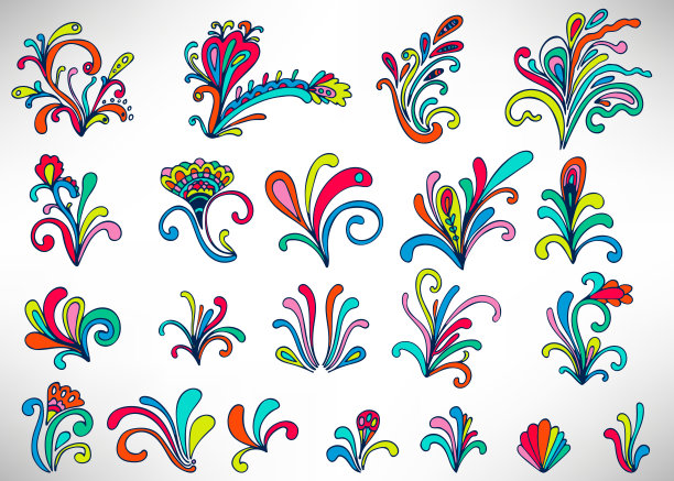 彩色涂鸦花卉元素：花朵、卷须、树枝和树叶矢量素材图片下载
