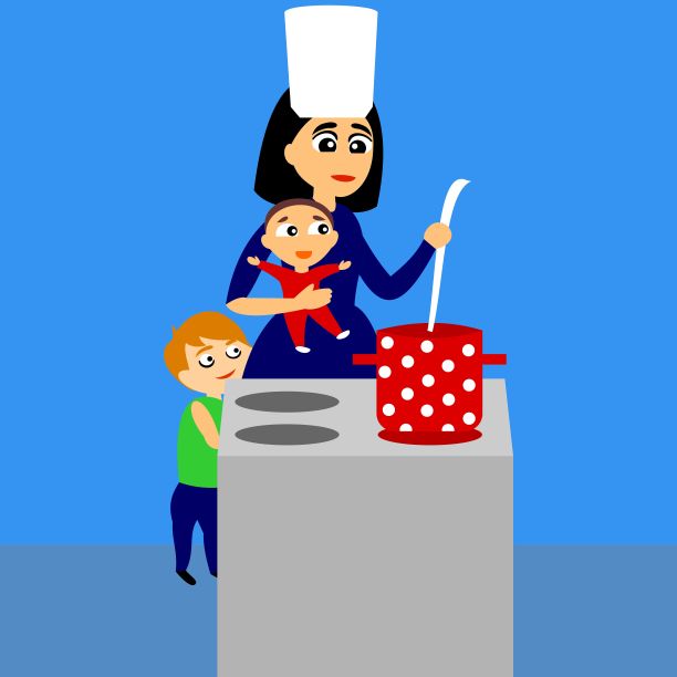 一位怀抱婴儿的妇女站在火炉旁做饭。图片下载