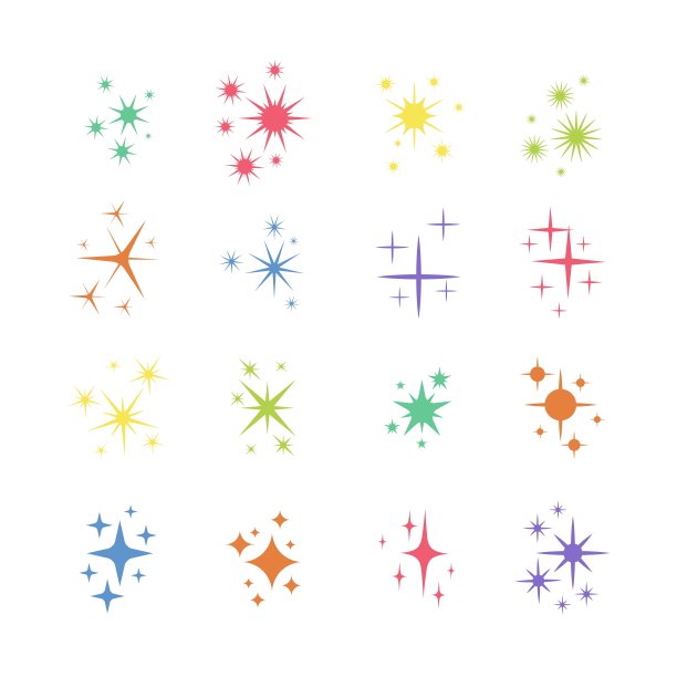 一套星星，闪耀的图标。收集明亮的烟花，闪闪发光，闪亮闪光。发光的光影响恒星和爆发图片下载