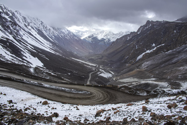 雪山之间蜿蜒的山路的顶视图图片下载