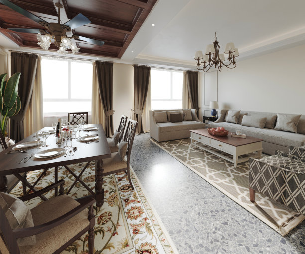 客厅室内美式风格3D插图图片下载