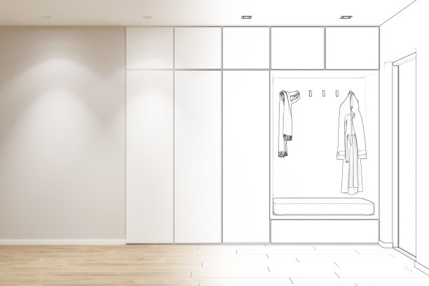 公寓门厅的草图成为了真正的室内设计。前视图图片下载