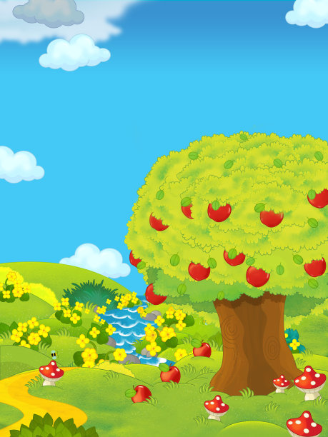 卡通场景与农田的一天和苹果树图片下载