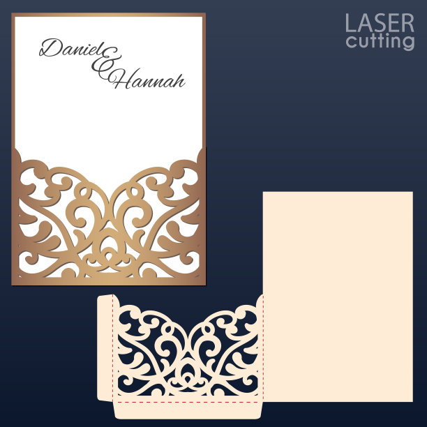 激光和模切口袋信封模板与花边图案。带有抽象装饰的婚礼请柬或贺卡。适合贺卡，请柬，菜单。图片下载