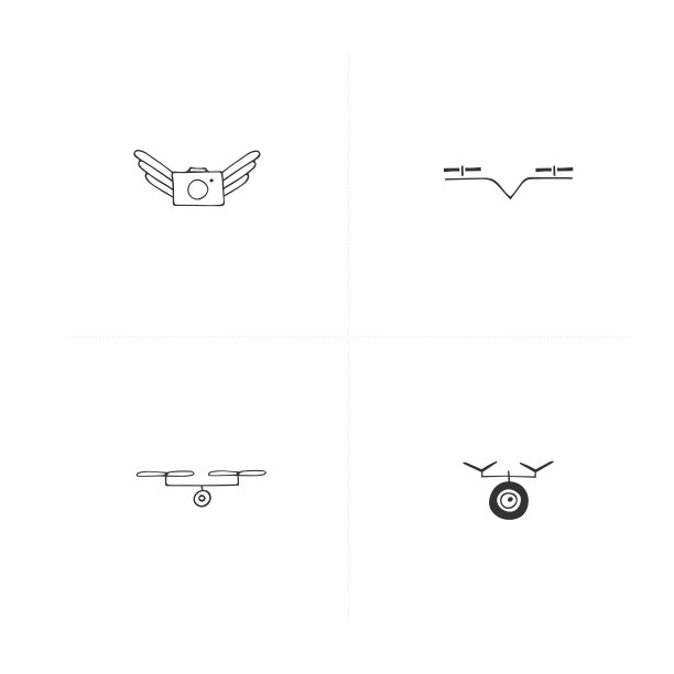 一组矢量图标。航空摄影。手绘摄像无人机。图片下载