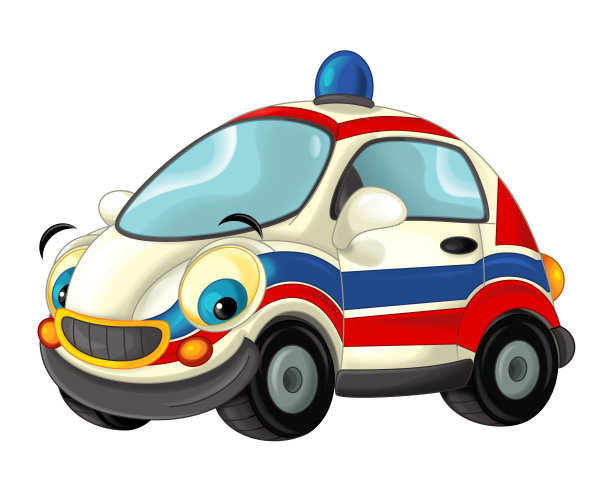 卡通快乐和有趣的看救护车-在白色的背景图片下载