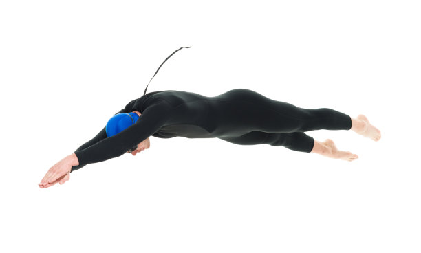 全身/一人/侧视/ 30-39岁英俊的人的侧面视图白人男性/中年成年男子/中年铁人三项运动员做铁人三项/游泳/跳水在白色背景前图片下载