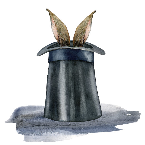 水彩画马戏团卡与帽子和兔子耳朵。手绘假日模板与滑稽的耳朵和帽筒隔离在白色的背景。插图设计，印刷或背景。图片下载