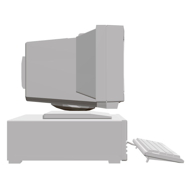 带有大显示器、系统单元和键盘的老式计算机。多边形复古的电脑。侧视图。3 d。矢量插图。图片下载