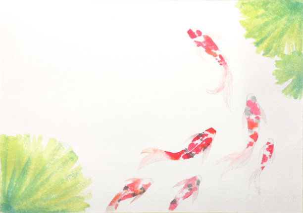 水彩画，池塘里的鲤鱼鱼，象征吉祥如意。图片下载