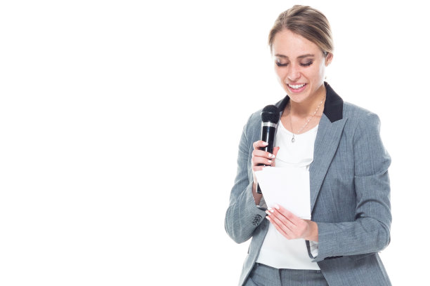 快乐的女商人拿着麦克风图片下载