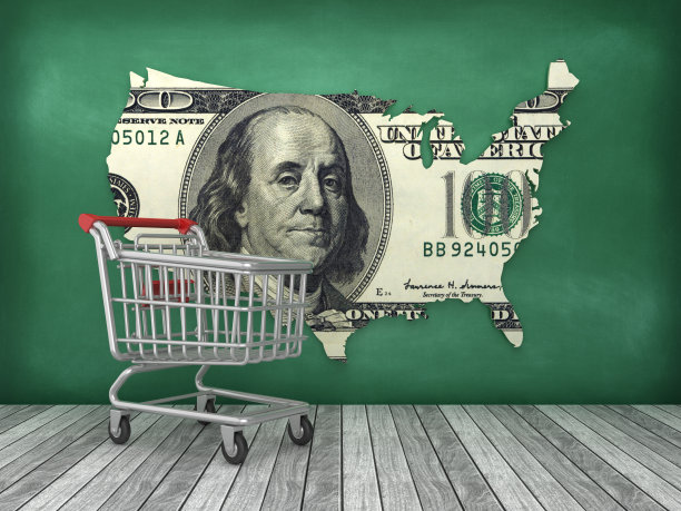 购物车和美国国家形状与美元钞票在黑板背景- 3D渲染图片下载