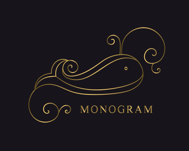 复古鲸鱼与喷泉。黄金雕刻。线性的象征。采购产品卡片，邀请，书设计，餐厅菜单，教育服务，沙龙，广告的字母模板。矢量图图片下载
