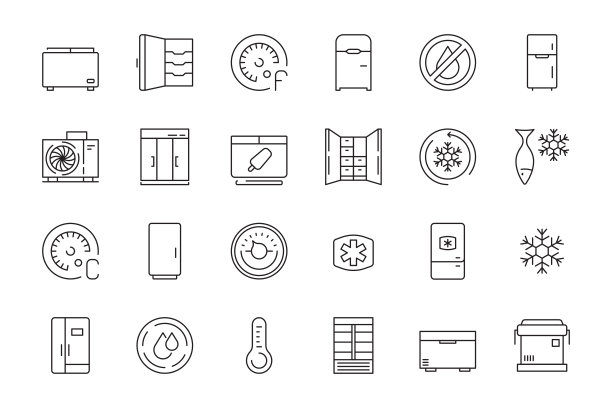 Freez图标。冰箱冰箱内的食品紧身衣和商用便携式冰箱矢量细线符号图片下载