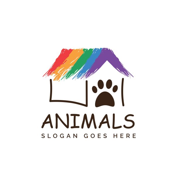 彩虹宠物店诊所家居护理标志设计，带有房子和狗或猫的脚印图片下载