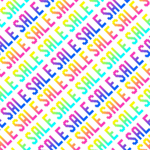 无缝矢量像素销售标志模式。五彩缤纷的彩虹购物背景。10 eps设计。适用于广告横幅、网页、包装、封面、织物等。图片下载