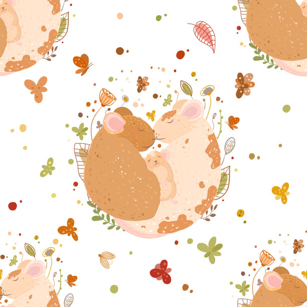 无缝模式。一个可爱的老鼠家庭，爸爸，妈妈和老鼠。睡眠球。图片下载