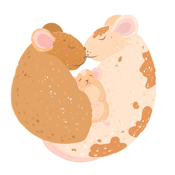 一个可爱的老鼠家庭，爸爸，妈妈和老鼠。睡眠球。图片下载