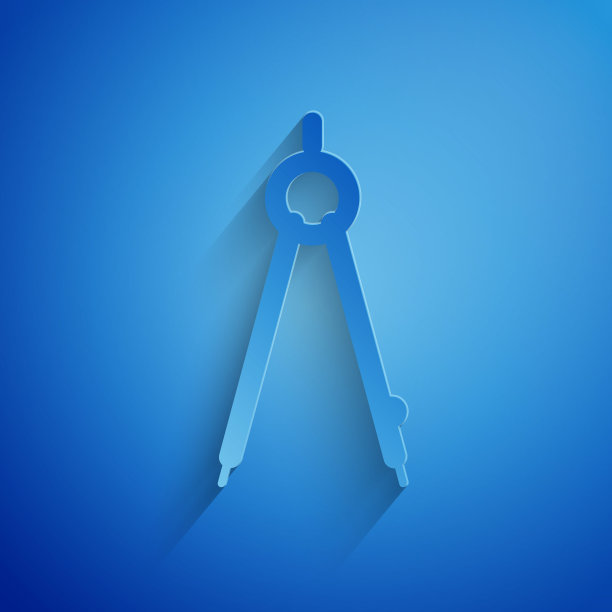 剪纸绘制罗盘图标孤立在蓝色背景。指南针的迹象。绘画和教育工具。几何工具。纸艺术风格。矢量图图片下载