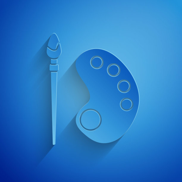 剪纸油漆刷与调色板图标隔离在蓝色背景。纸艺术风格。矢量图图片下载