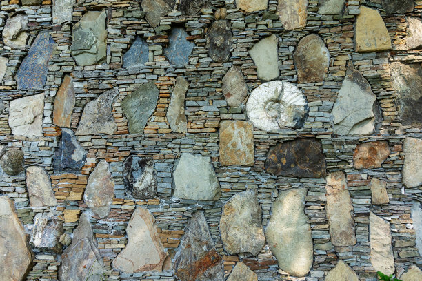 看墙壁的老石头与岩石元素和菊石。蓝色调的纹理。有垃圾摇滚风格或乡村音乐背景。图片下载