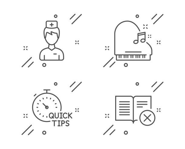 钢琴，快速提示和医生图标设置。拒绝书的迹象。Fortepiano，有用的技巧，药师。向量图片下载