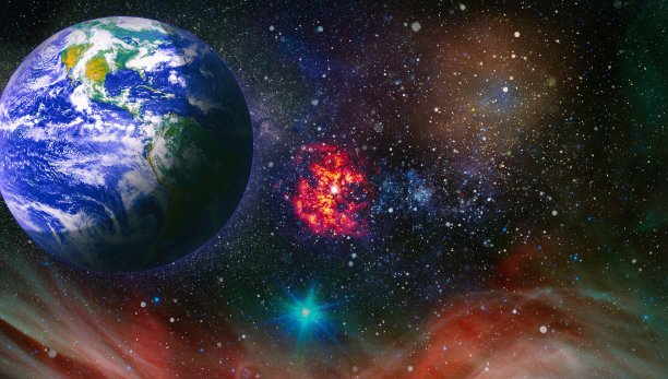 地球、太阳、恒星和银河系的全景。从太空俯瞰地球的日出图片下载