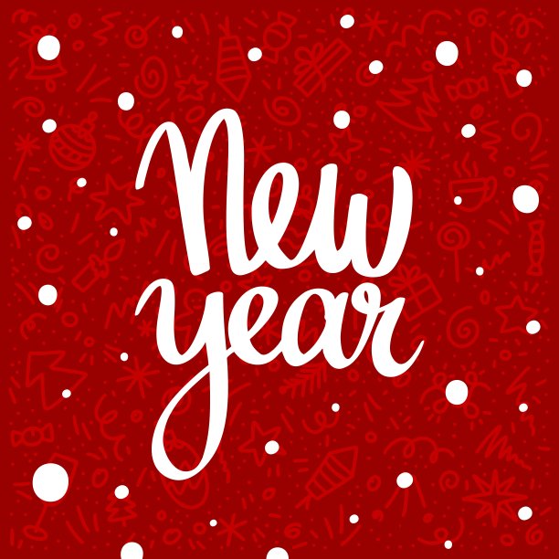 新年请柬与手写文字的红色图案背景从涂鸦简单的图标。每股收益10向量图片下载