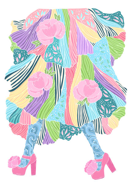 矢量手画有趣的颜色女性脚高跟鞋和图案紧身衣和长图案的裙子。时尚插画。装饰可爱甜蜜生动的设计卡，印在t恤上彩色的白色线条图片下载