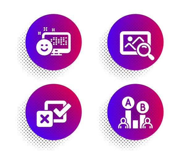 微笑，复选框和搜索照片图标集。Ab测试信号。积极的反馈，调查选择，寻找形象。向量图片下载