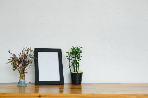 柔软的家居装饰，花瓶和绿色的小花在白色复古墙的背景。图片下载