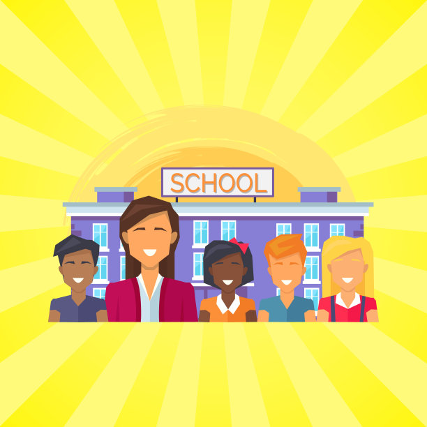 学校建筑与学生矢量插图图片下载