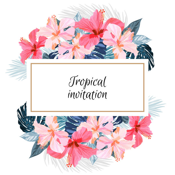 夏季热带背景设计与棕榈叶和异国情调的红色芙蓉花。矢量花卉邀请和贺卡模板。图片下载