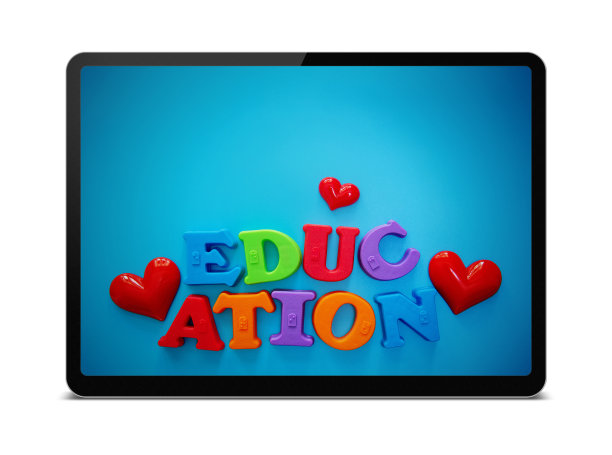 (剪辑路径)多色字母与“教育”数字平板隔离图片下载