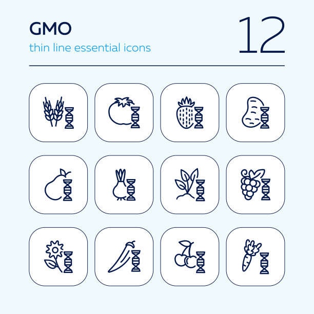 转基因食品线图标设置。基因,谷物,水果图片下载